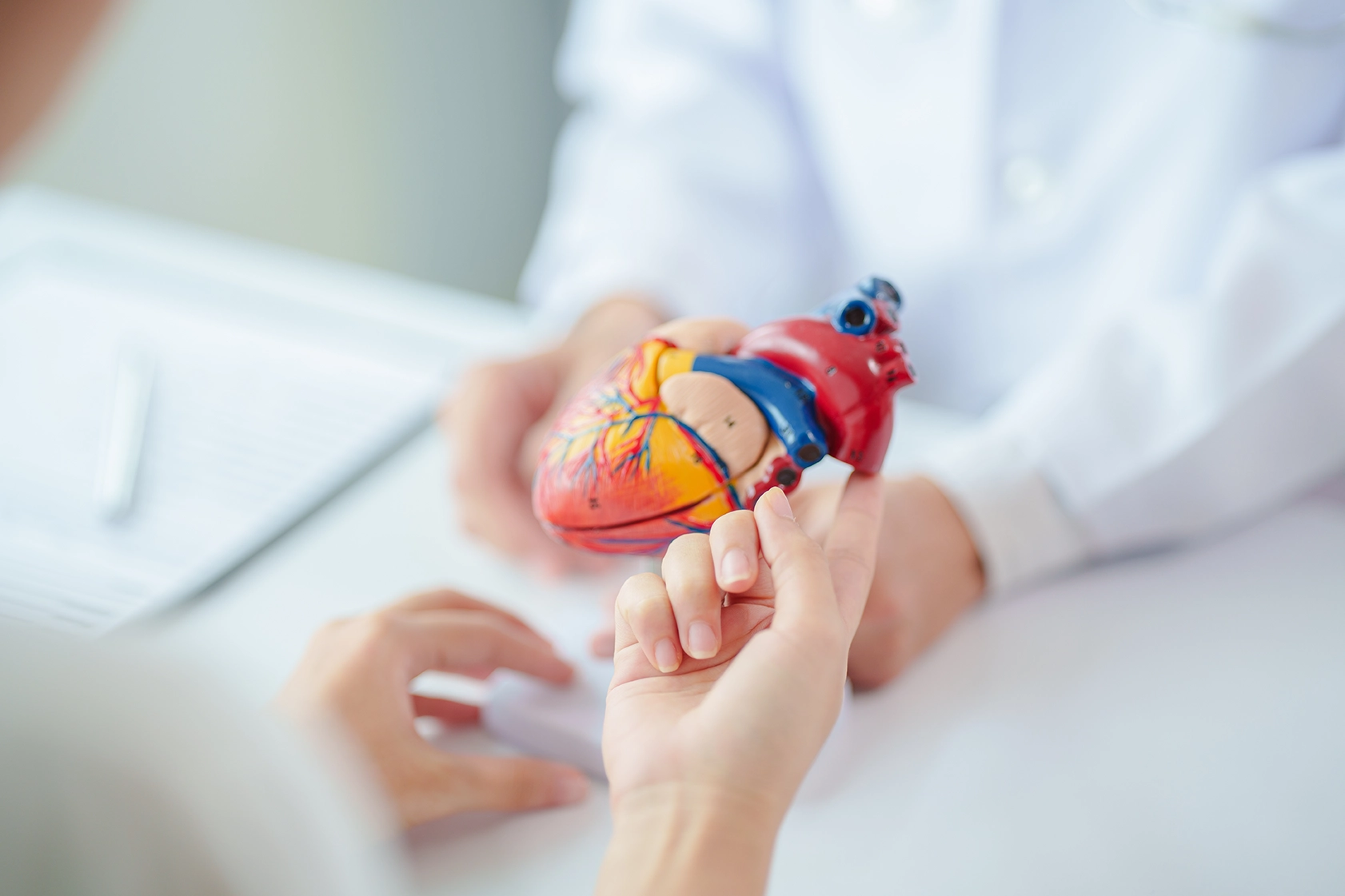 A cardiologist explaining a patient's options for heart valve disease treatment